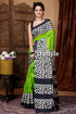 Lime Green Floral Design Hand Block Pure Mulberry Silk Saree - Craftyle