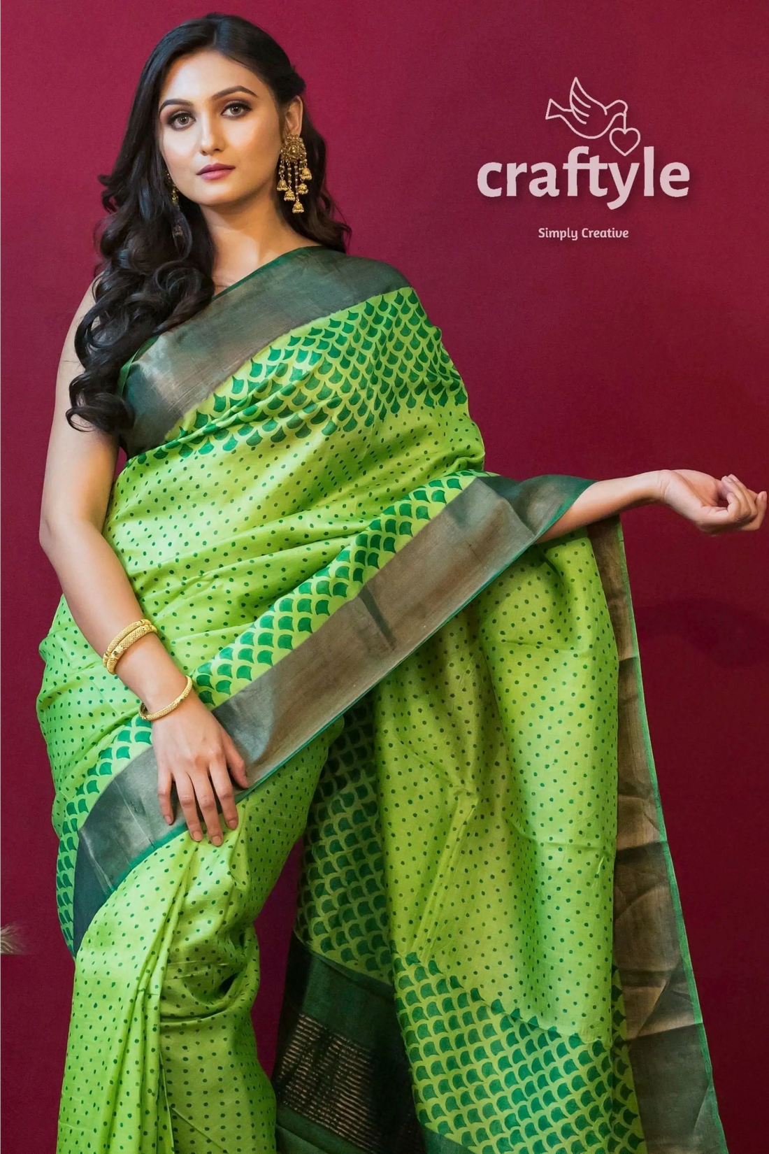 Lime green hand block print zari pure tussar silk saree green patterned saree 2