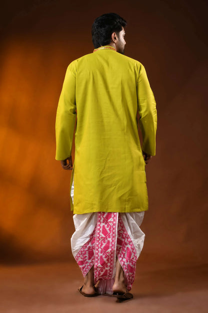 Lime green pure cotton punjabi for men with floral vine kantha work 5