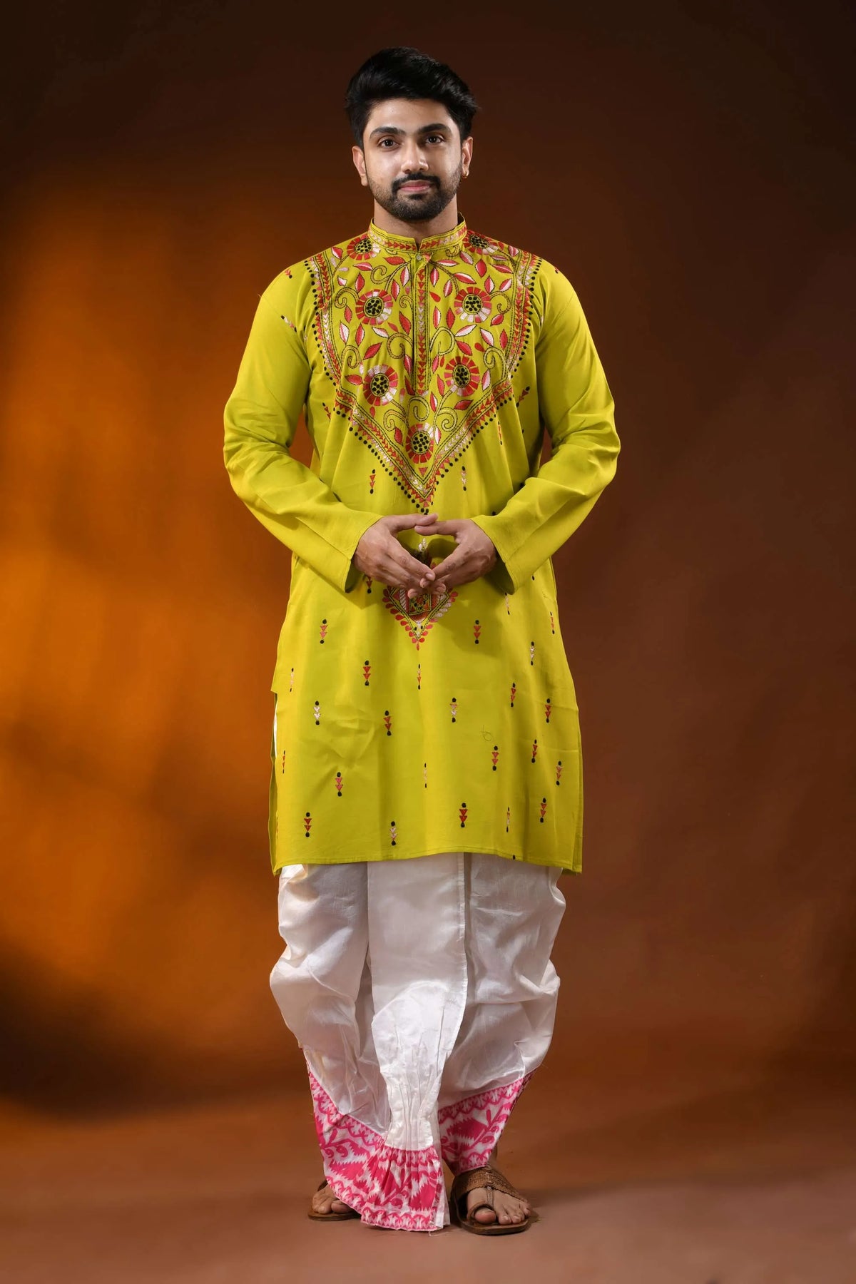 Lime green pure cotton punjabi for men with floral vine kantha work 1