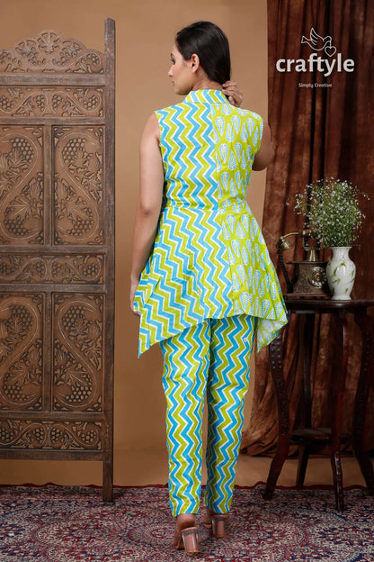 Lime green-sky blue designer dress with straight pant and top woman’s patterned two-piece outfit 4