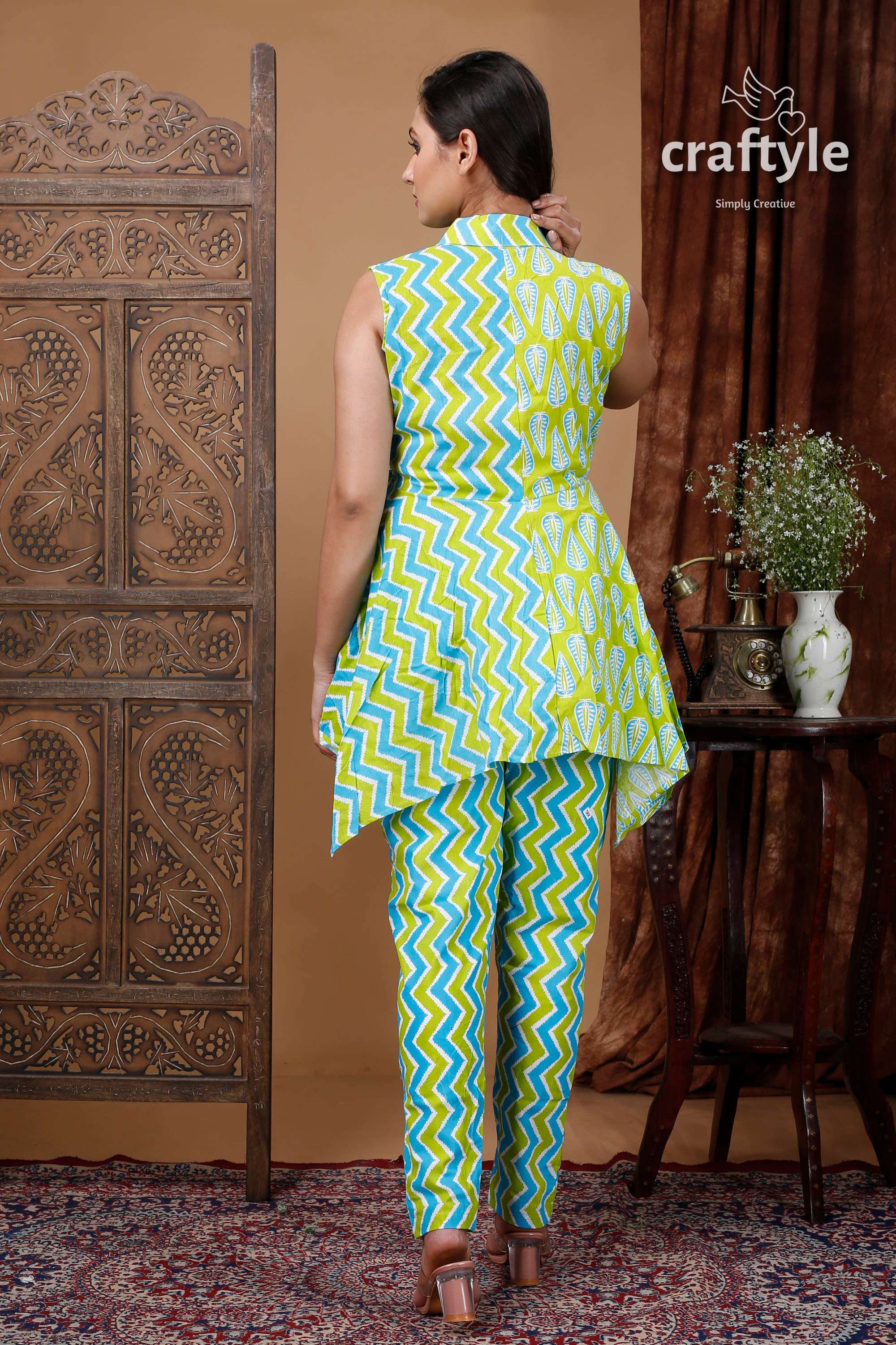 Lime Green-Sky Blue Designer Dress with Straight Pant and Top - Craftyle
