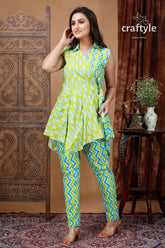 Lime green-sky blue designer dress with straight pant and top woman’s patterned green blue outfit 3