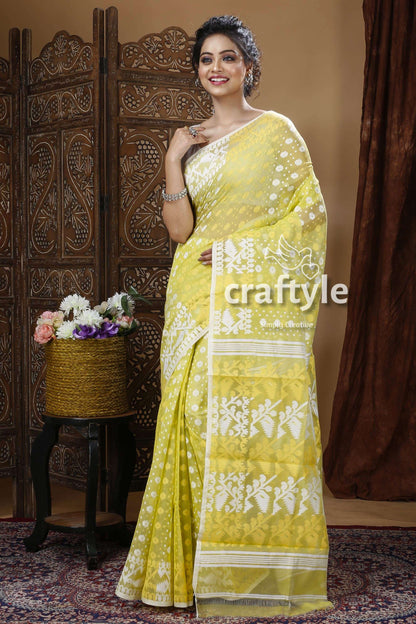 Lime Green Traditional Handloom Jamdani Sari - Craftyle