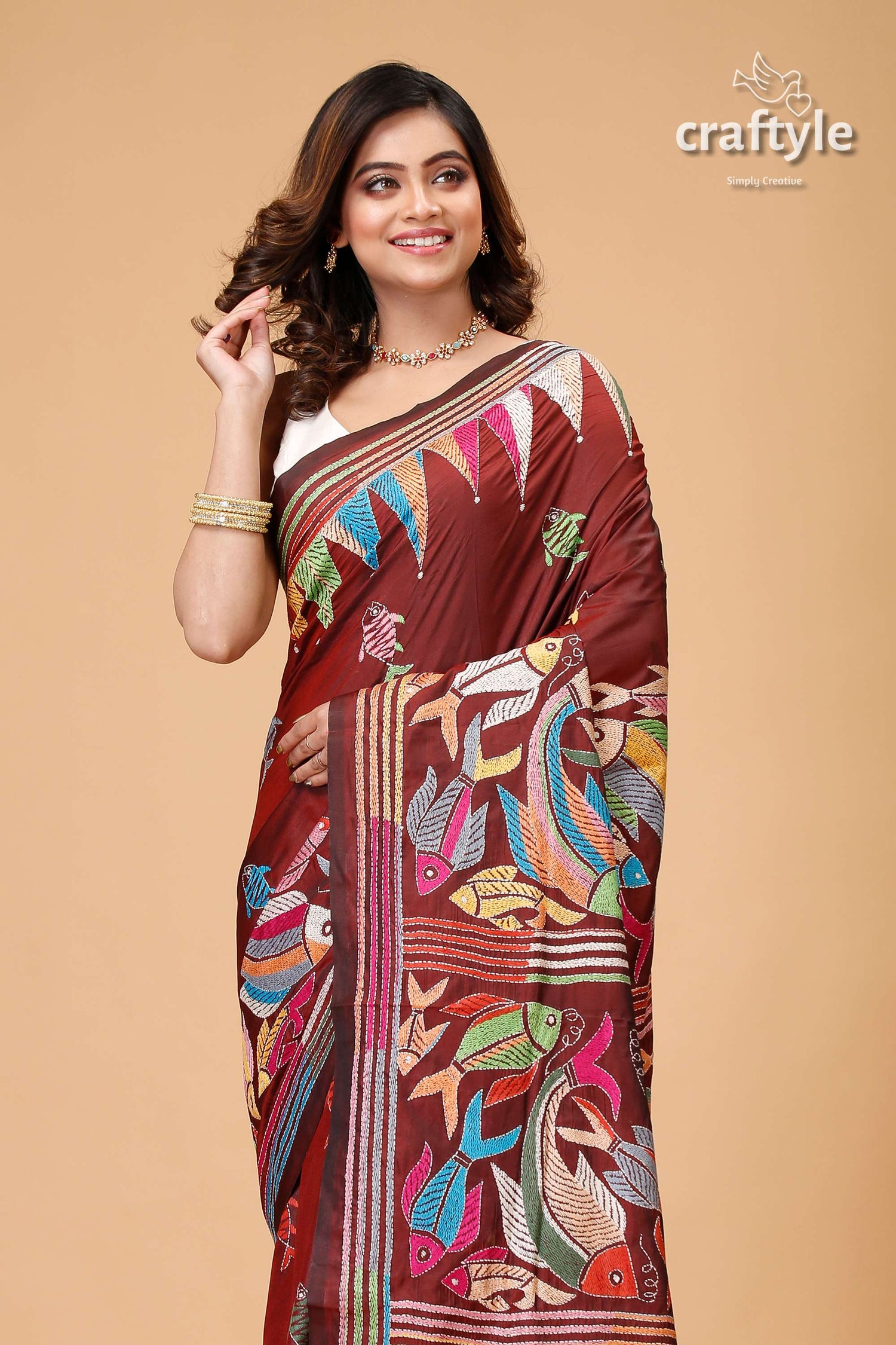 Livid Brown Fish Motif Handmade Silk Kantha Saree - Craftyle