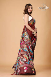 Livid Brown Fish Motif Handmade Silk Kantha Saree - Craftyle