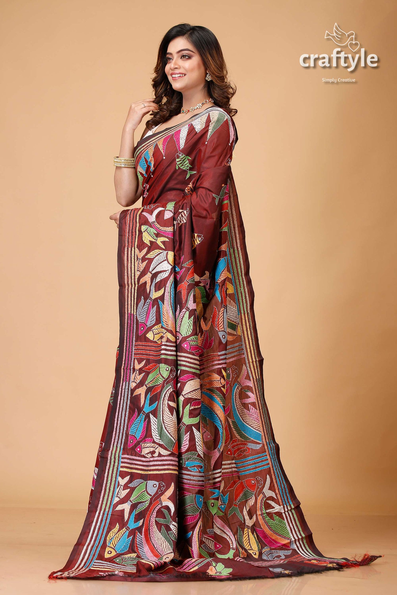 Livid Brown Fish Motif Handmade Silk Kantha Saree - Craftyle