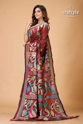 Livid Brown Fish Motif Handmade Silk Kantha Saree - Craftyle