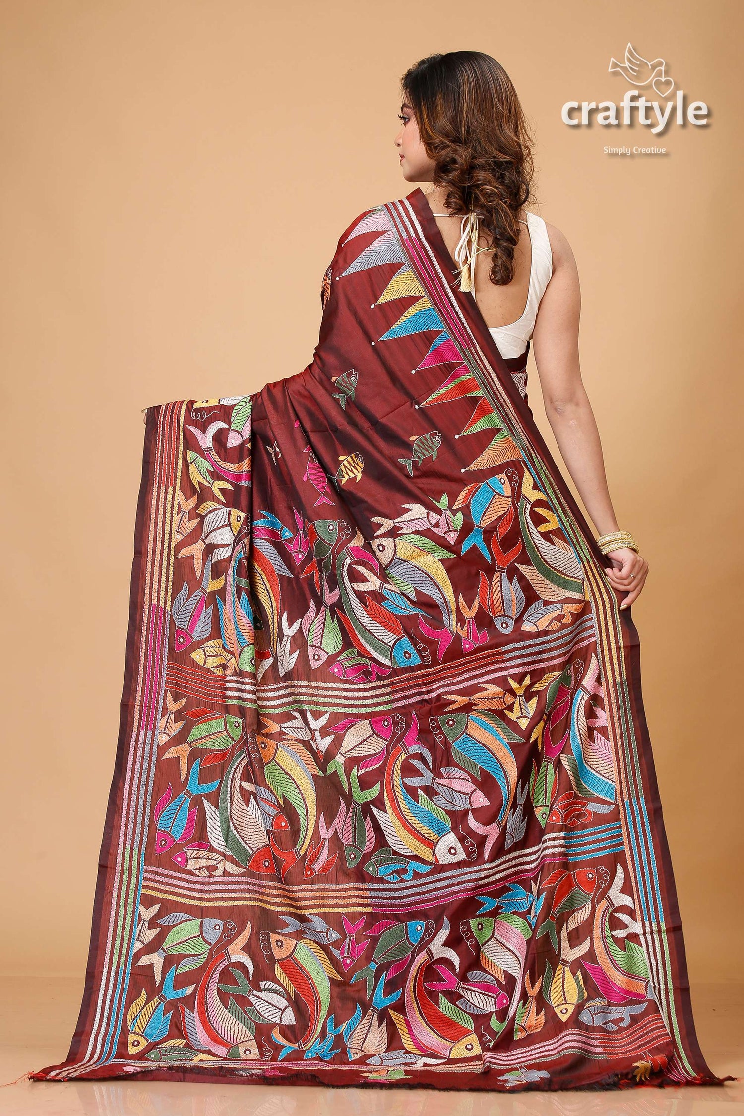 Livid Brown Fish Motif Handmade Silk Kantha Saree - Craftyle