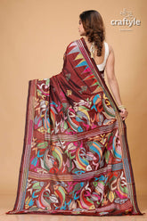 Livid Brown Fish Motif Handmade Silk Kantha Saree - Craftyle
