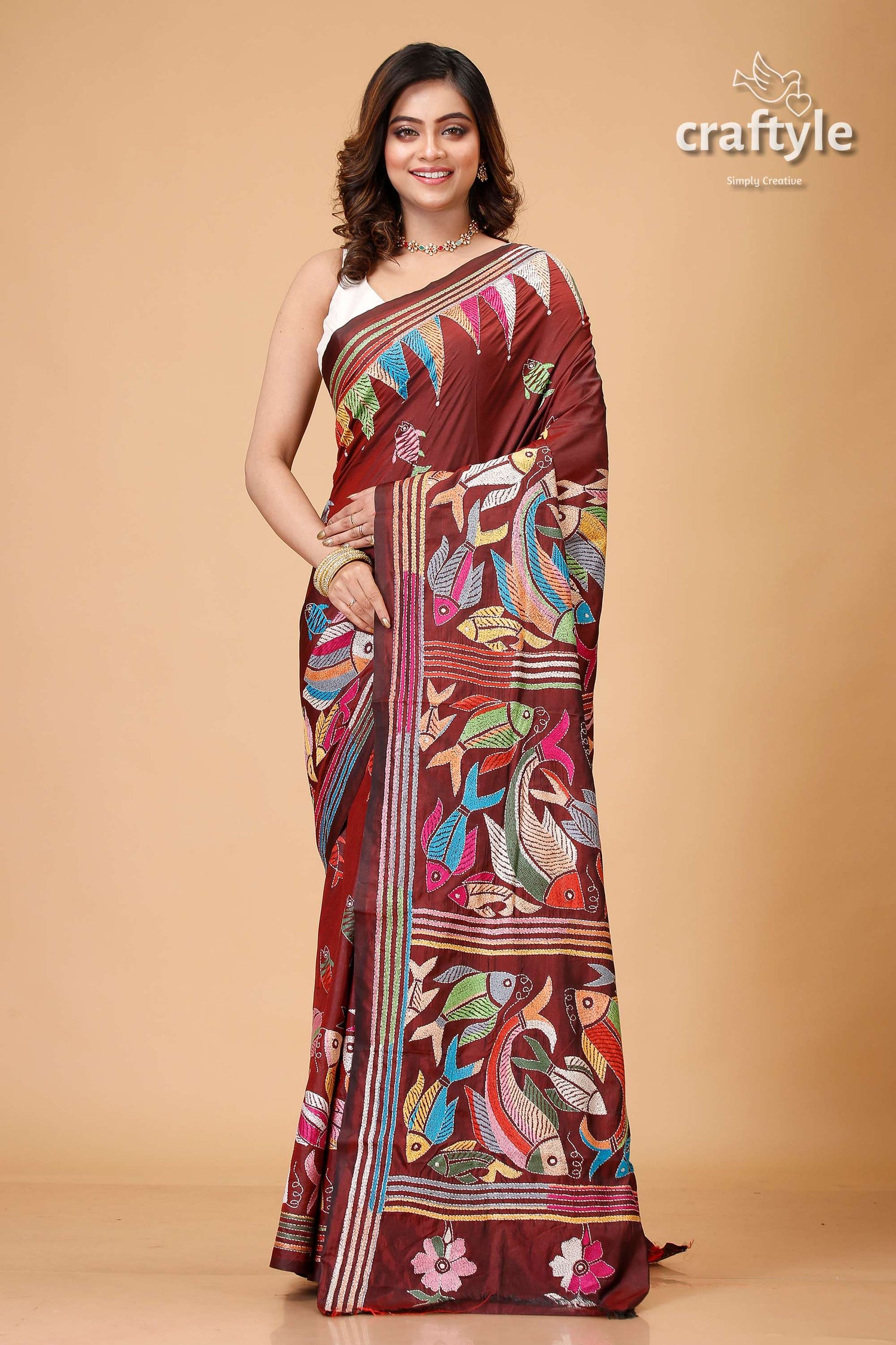 Livid Brown Fish Motif Handmade Silk Kantha Saree - Craftyle