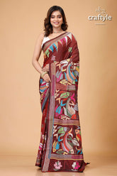 Livid Brown Fish Motif Handmade Silk Kantha Saree - Craftyle