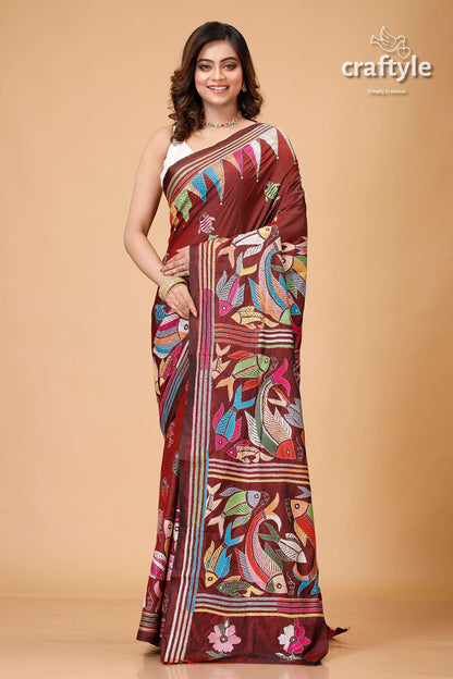 Livid Brown Fish Motif Handmade Silk Kantha Saree - Craftyle