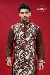 Livid brown fish motif kantha work cotton punjabi for men kurta intricate white dark 2