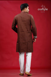Livid brown fish motif kantha work cotton punjabi for men kurta intricate silver 5