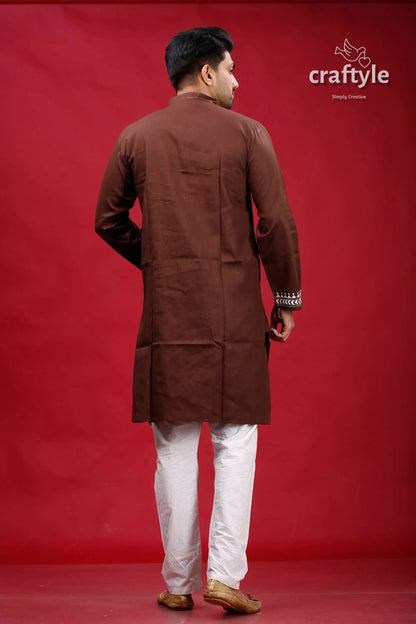 Livid brown fish motif kantha work cotton punjabi for men kurta intricate silver 5