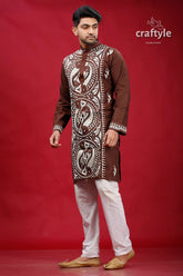 Livid brown fish motif kantha work cotton punjabi for men kurta intricate white dark 3