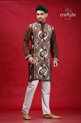 Livid brown fish motif kantha work cotton punjabi for men embroidered kurta intricate white 4