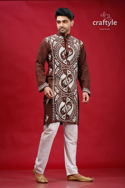 Livid brown fish motif kantha work cotton punjabi for men embroidered kurta intricate white 4