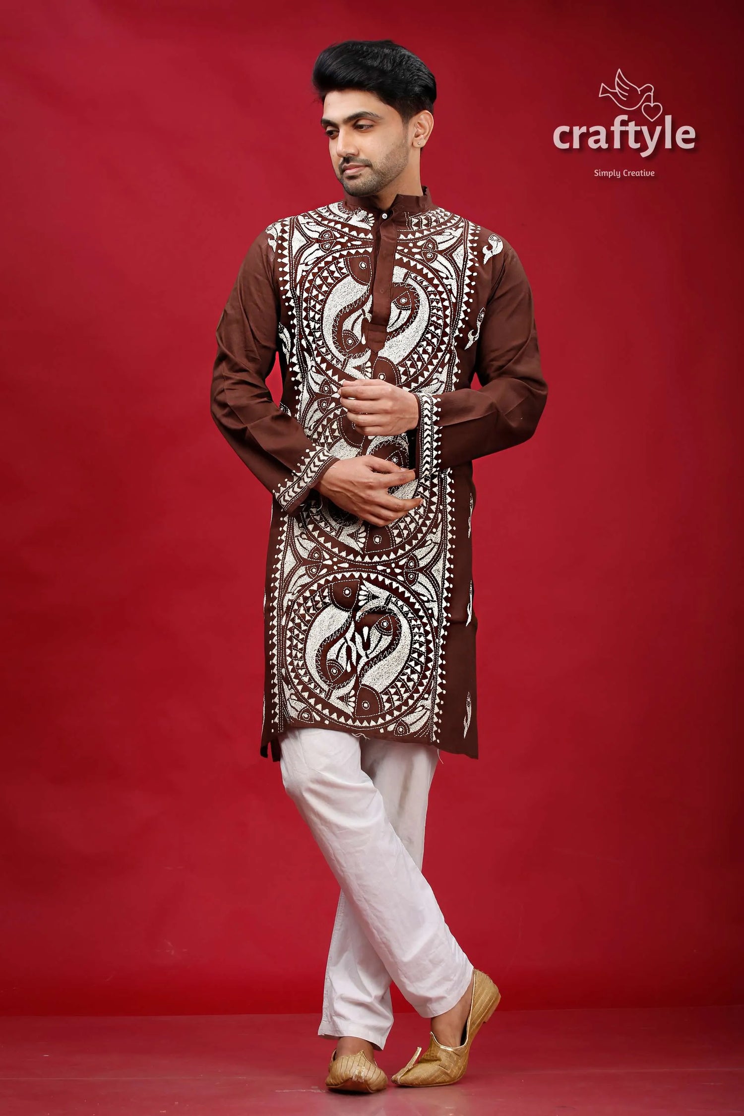 Livid brown fish motif kantha work cotton punjabi for men embroidered kurta intricate white 1
