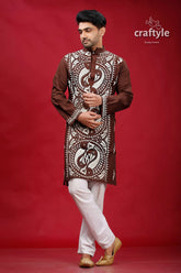 Livid brown fish motif kantha work cotton punjabi for men embroidered kurta intricate white 1