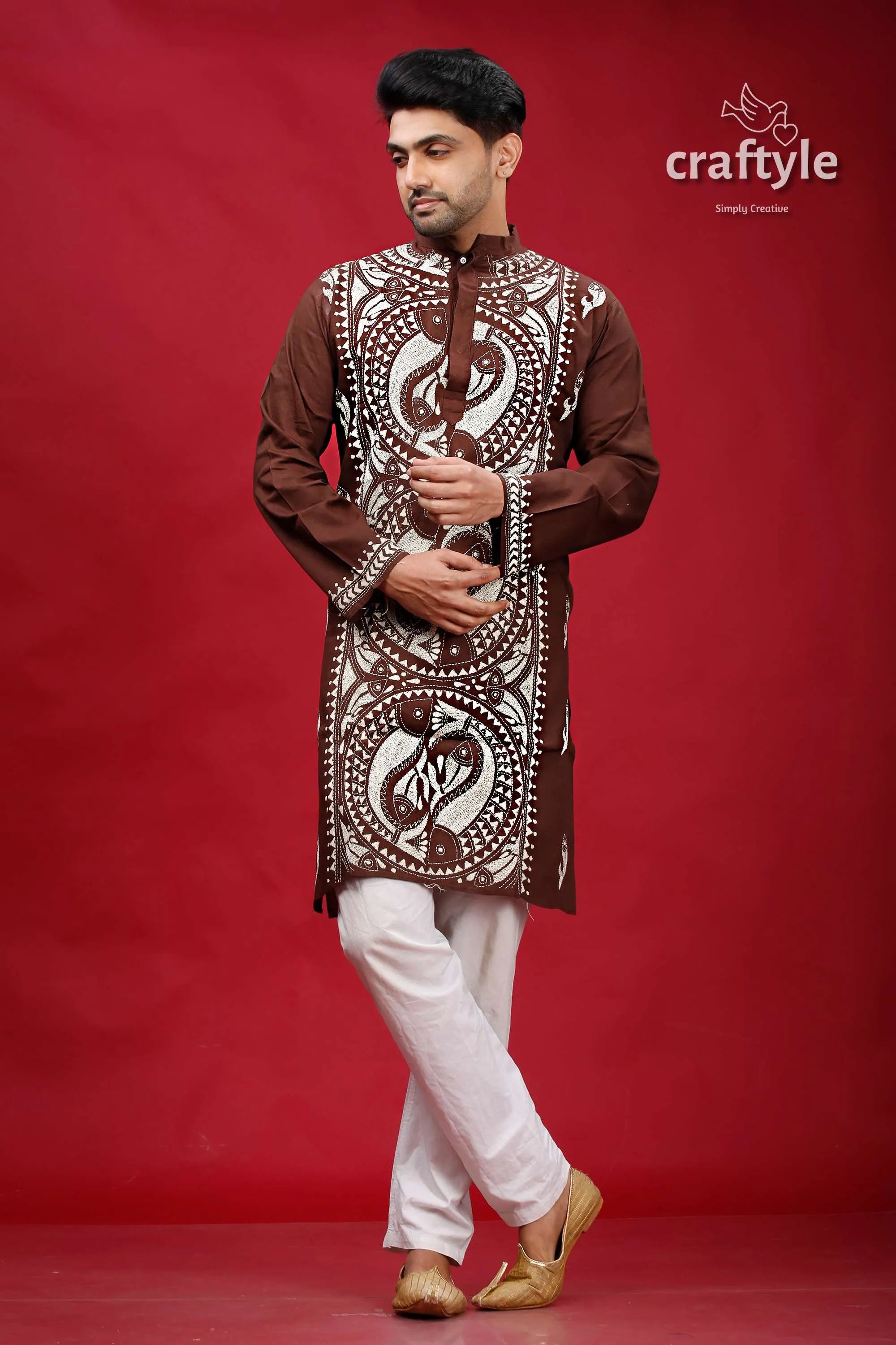 Livid brown fish motif kantha work cotton punjabi for men embroidered kurta intricate white 1