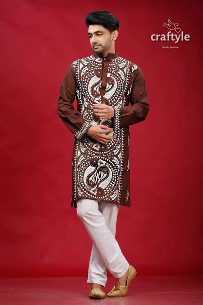 Livid brown fish motif kantha work cotton punjabi for men embroidered kurta intricate white 1
