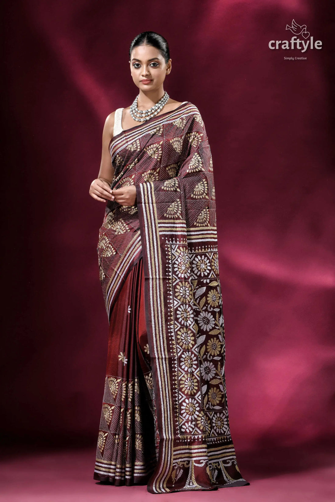 Livid brown floral silk kantha work saree elegant brown patterned saree 1