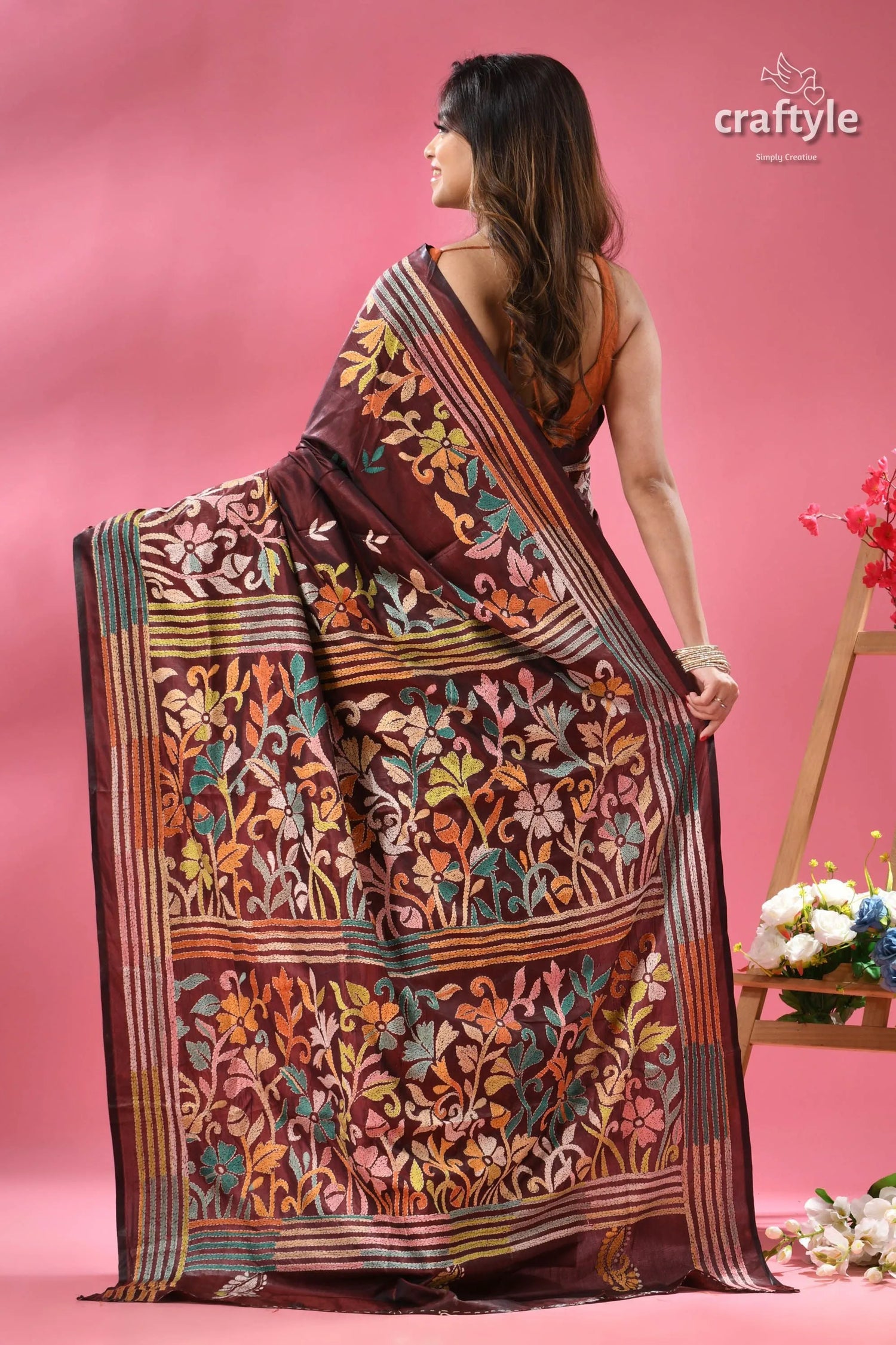 Livid brown multicolor floral silk kantha work saree brown silk blend saree colorful 4