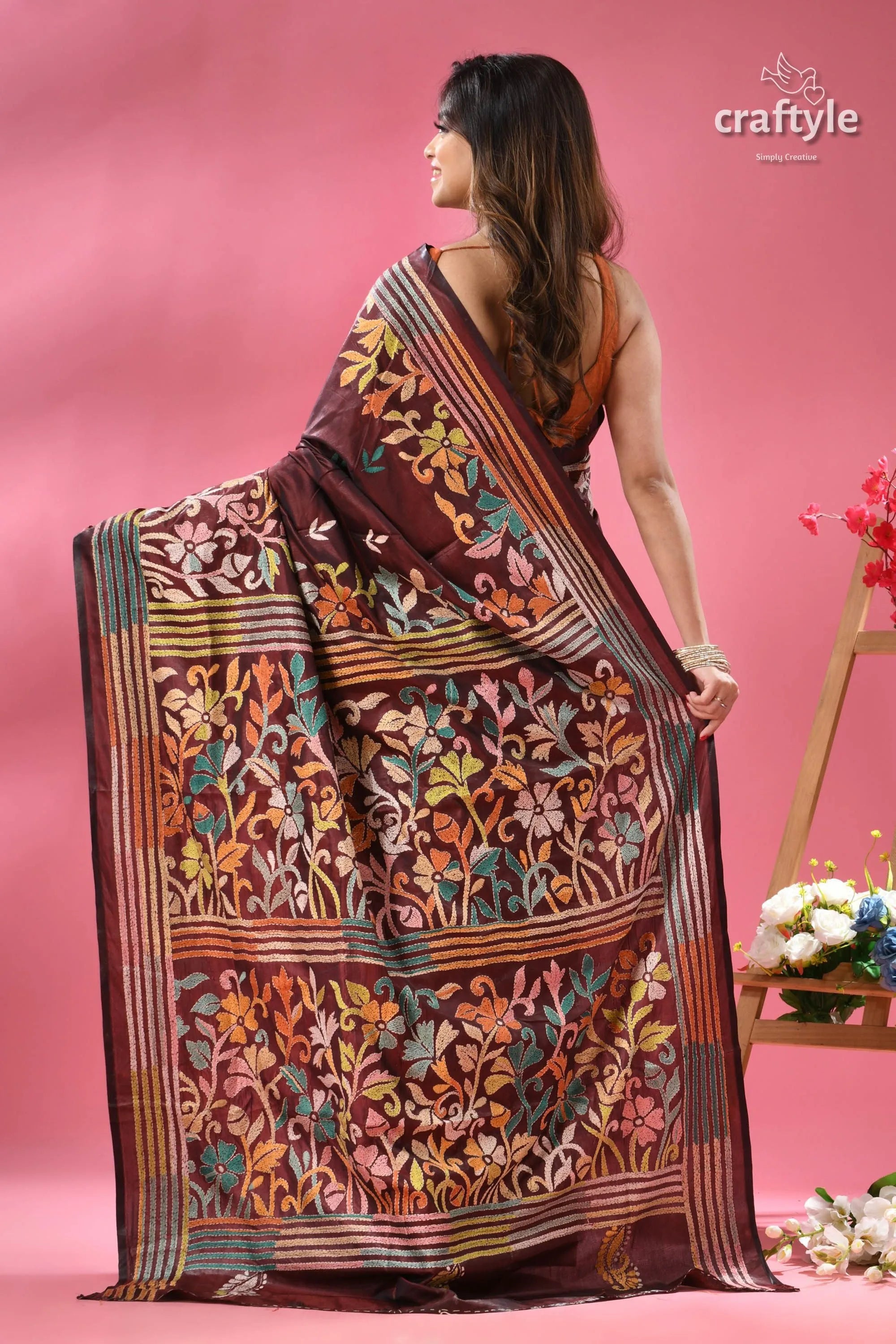 Livid brown multicolor floral silk kantha work saree brown silk blend saree colorful 4