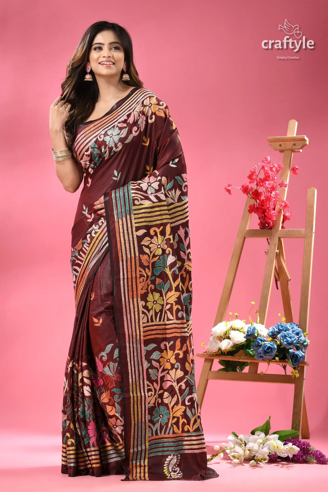 Livid brown multicolor floral silk kantha work saree maroon floral print handloom saree 1