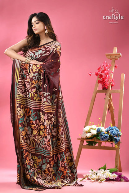 Livid brown multicolor floral silk kantha work saree woman dark brown saree colorful 6