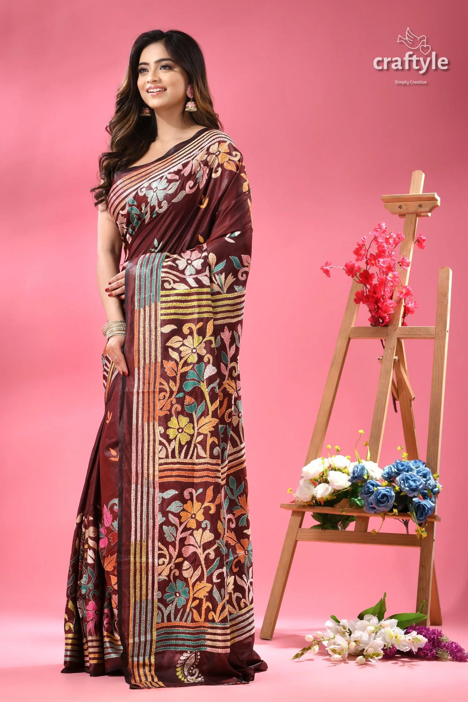 Livid brown multicolor floral silk kantha work saree dark brown saree vibrant floral 3