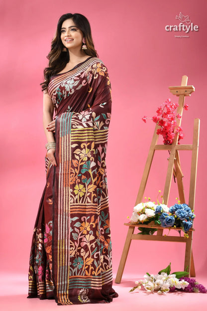 Livid brown multicolor floral silk kantha work saree dark brown saree vibrant floral 3