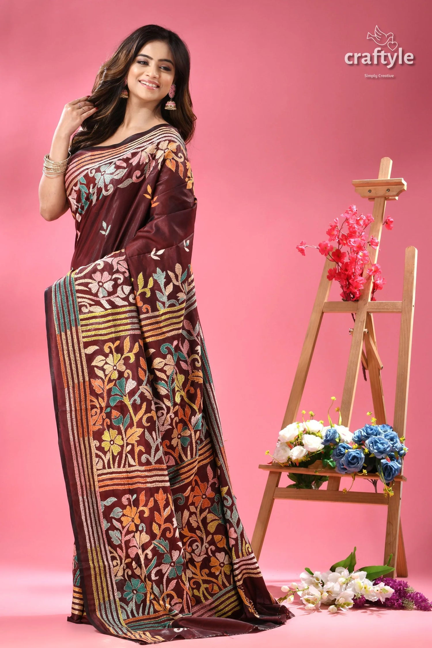 Livid brown multicolor floral silk kantha work saree woman dark brown saree colorful 5