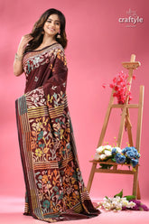 Livid brown multicolor floral silk kantha work saree woman dark brown saree colorful 5