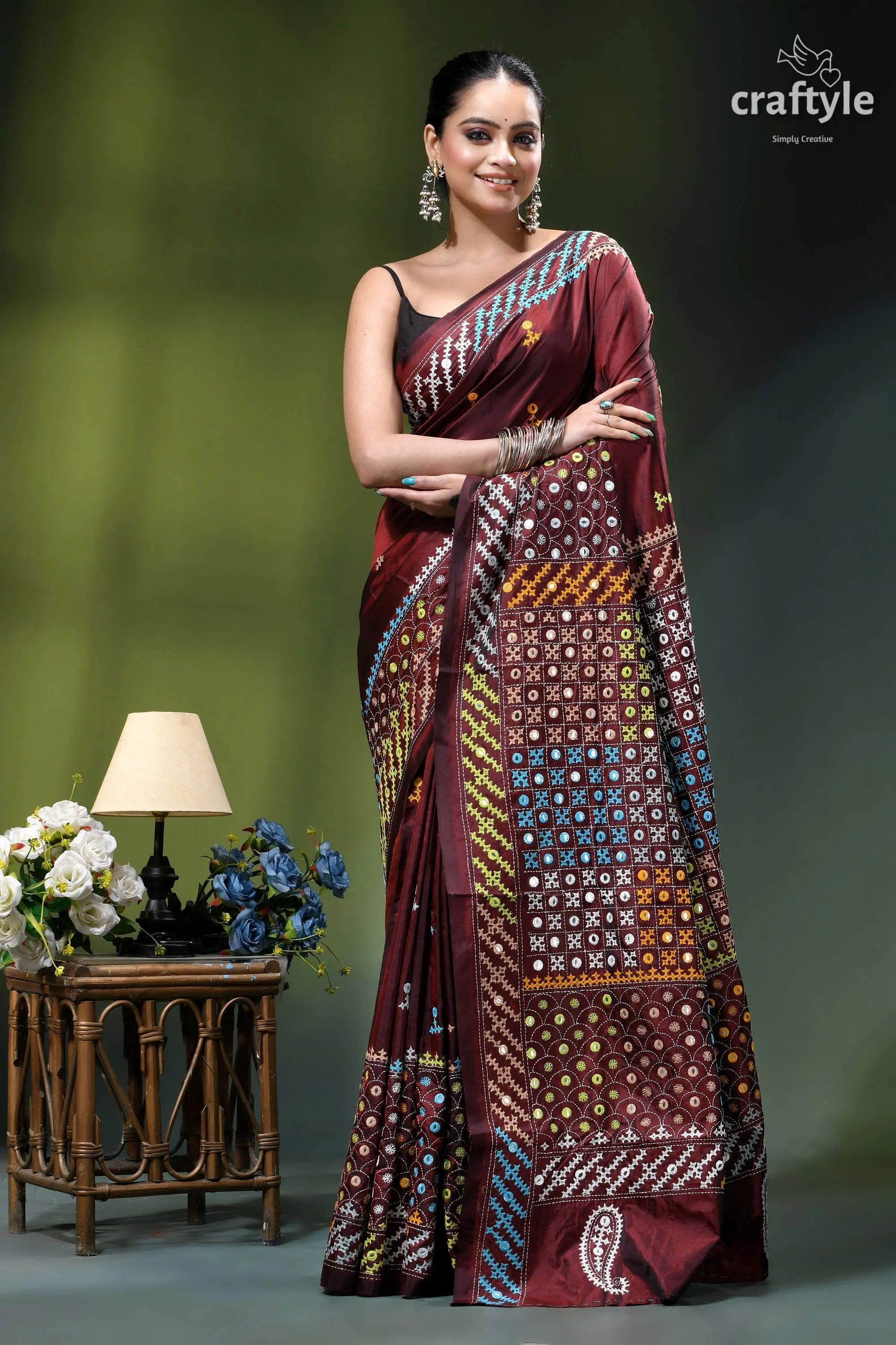 Livid brown multicolor gujrati stitched silk saree with mirror detailing maroon silk saree intricate geometric 4