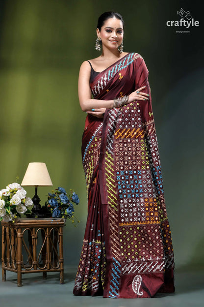 Livid brown multicolor gujrati stitched silk saree with mirror detailing maroon silk saree intricate geometric 4