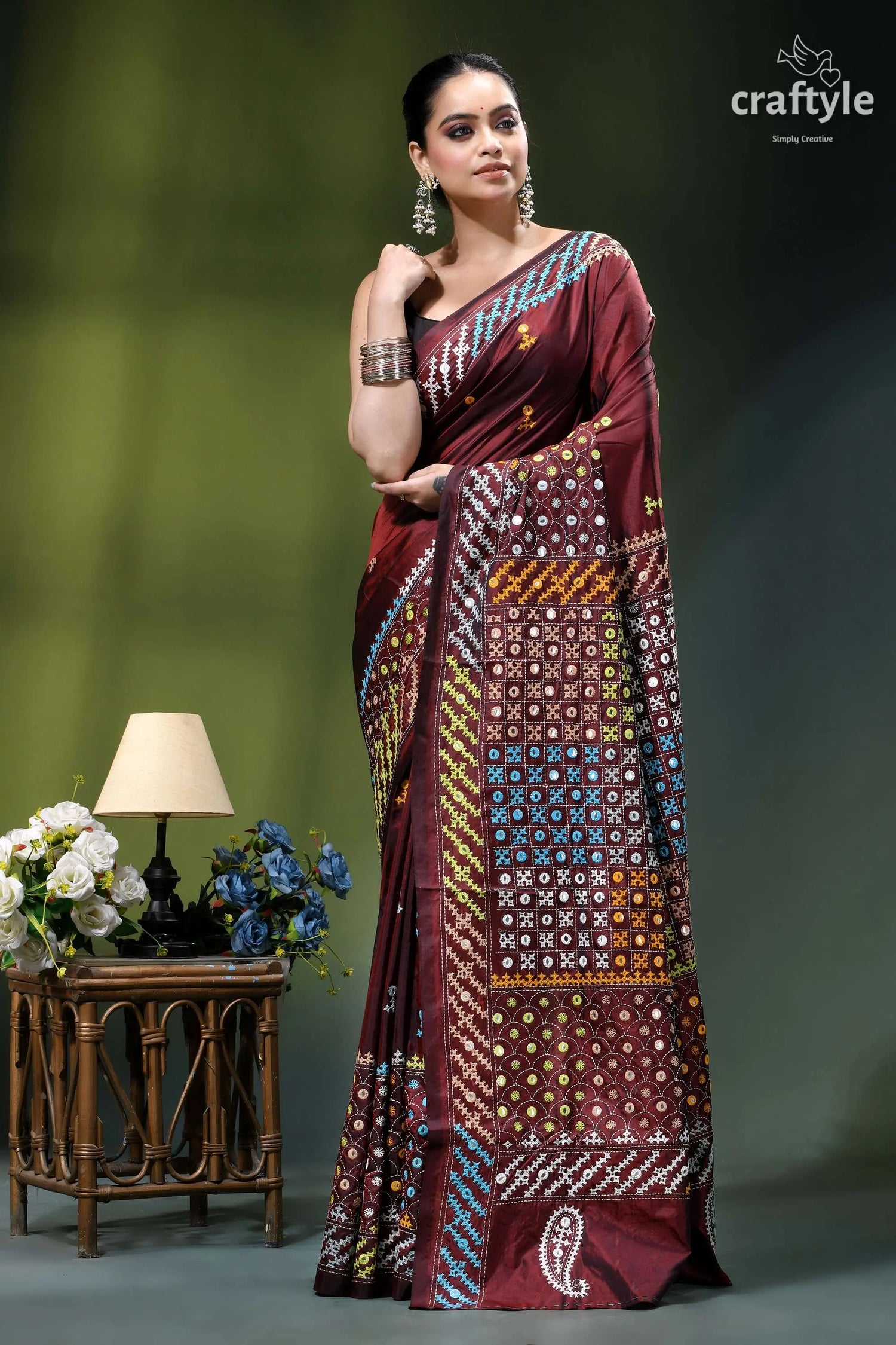Livid brown multicolor gujrati stitched silk saree with mirror detailing maroon silk saree adorned intricate 1