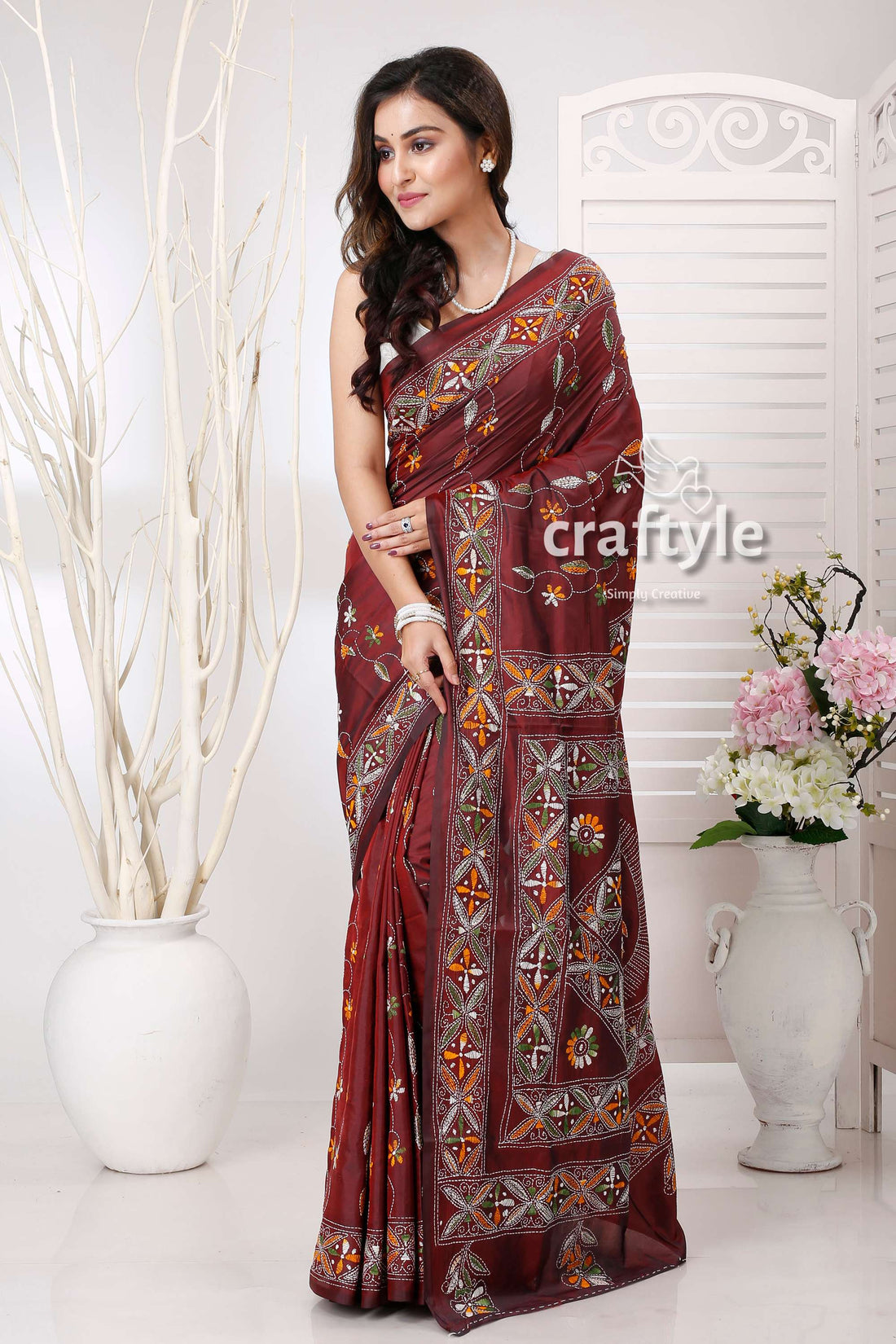 Livid Brown Multithread Silk Kantha Work Saree - Craftyle