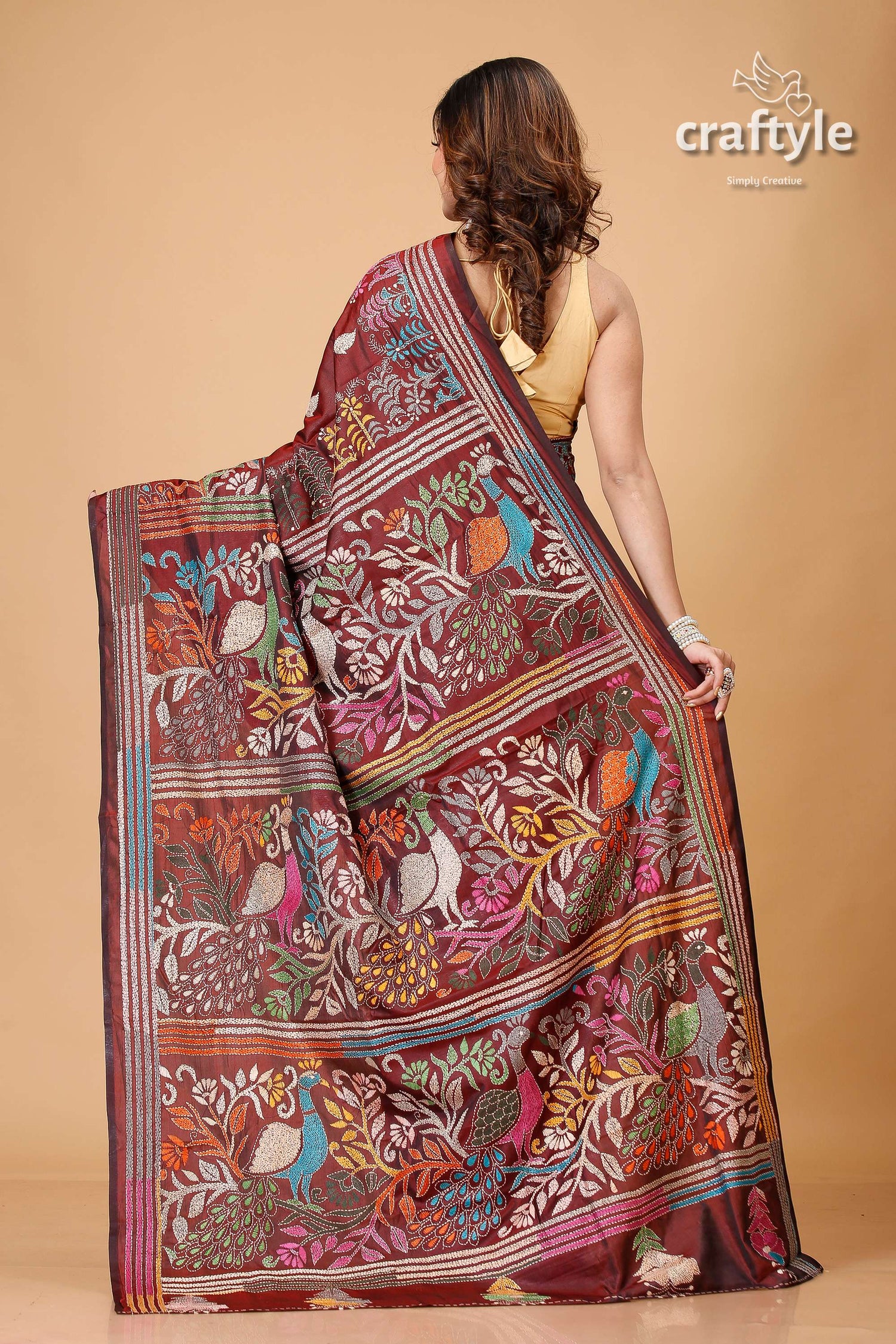 Livid Brown Peacock Motif Hand Kantha Silk Saree - Craftyle