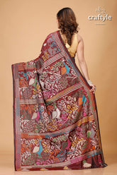 Livid Brown Peacock Motif Hand Kantha Silk Saree - Craftyle
