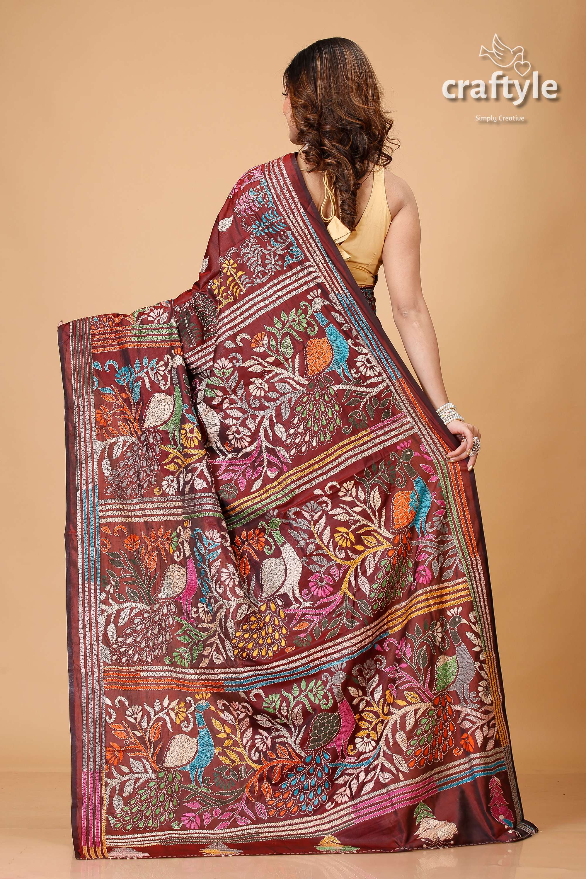 Livid Brown Peacock Motif Hand Kantha Silk Saree - Craftyle