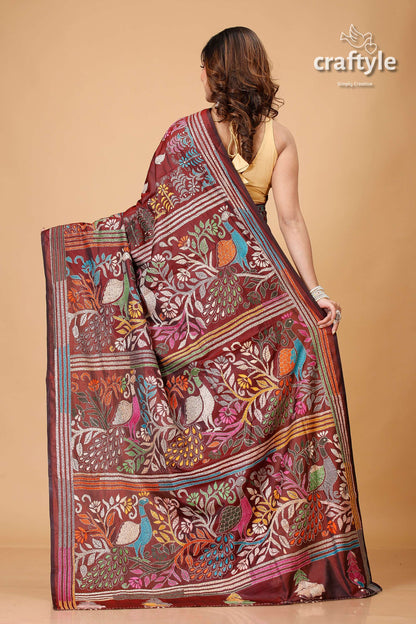 Livid Brown Peacock Motif Hand Kantha Silk Saree - Craftyle