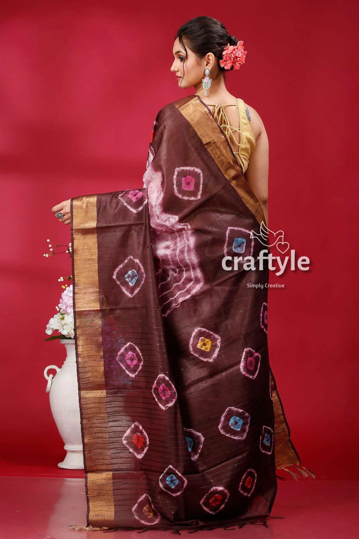 Livid brown silk bandhni saree - indian traditional wear brown saree colorful square patterns 5