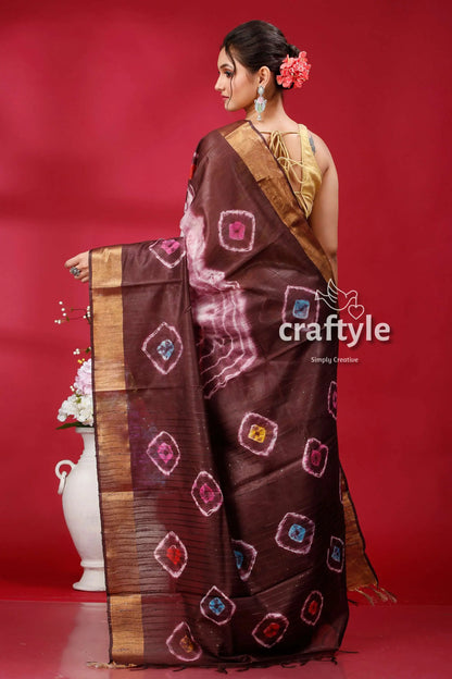 Livid brown silk bandhni saree - indian traditional wear brown saree colorful square patterns 5
