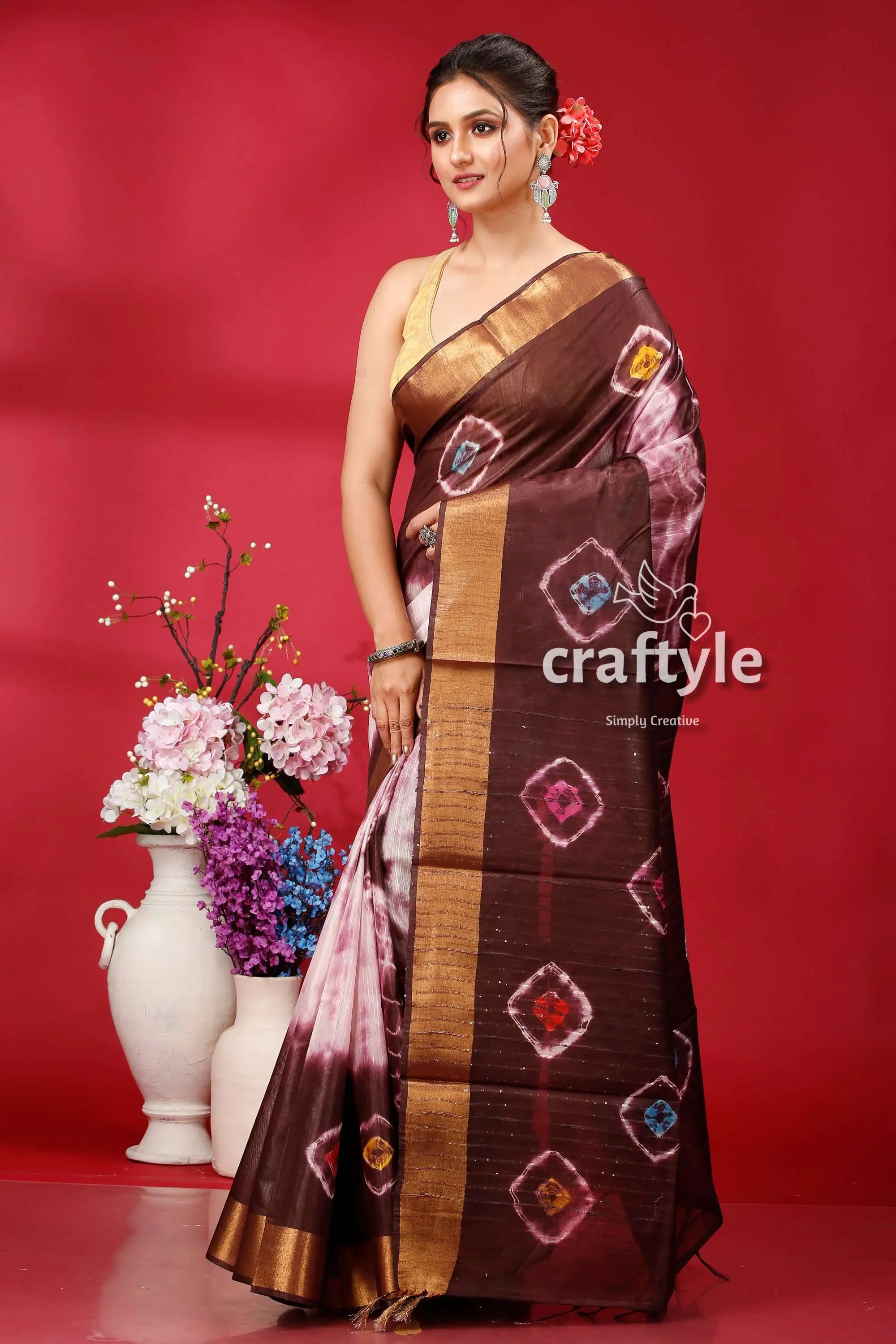 Livid brown silk bandhni saree - indian traditional wear brown pink tie-dye saree 3
