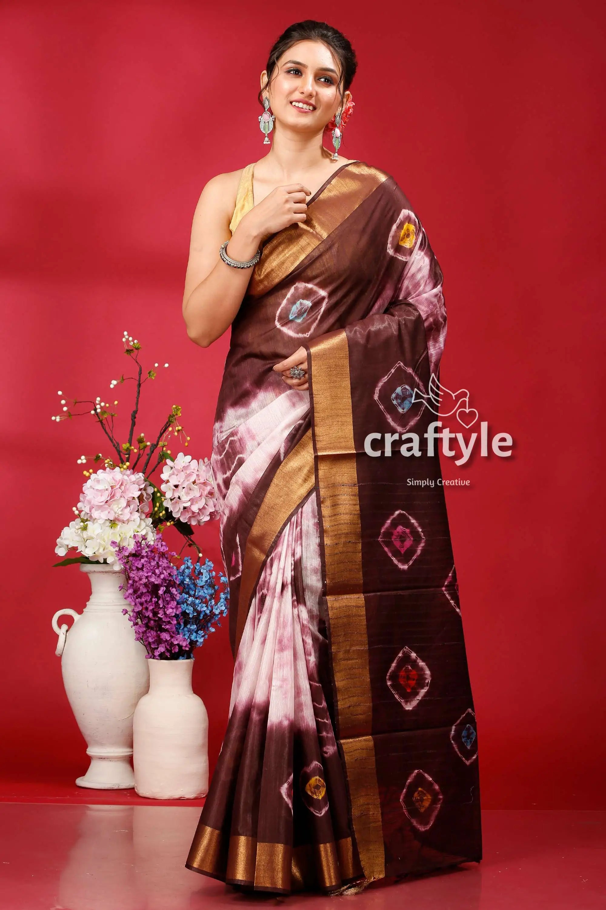 Livid brown silk bandhni saree - indian traditional wear brown white tie-dye saree gold 1