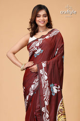 Livid Brown Swan Motif Silk Kantha Work Saree - Craftyle