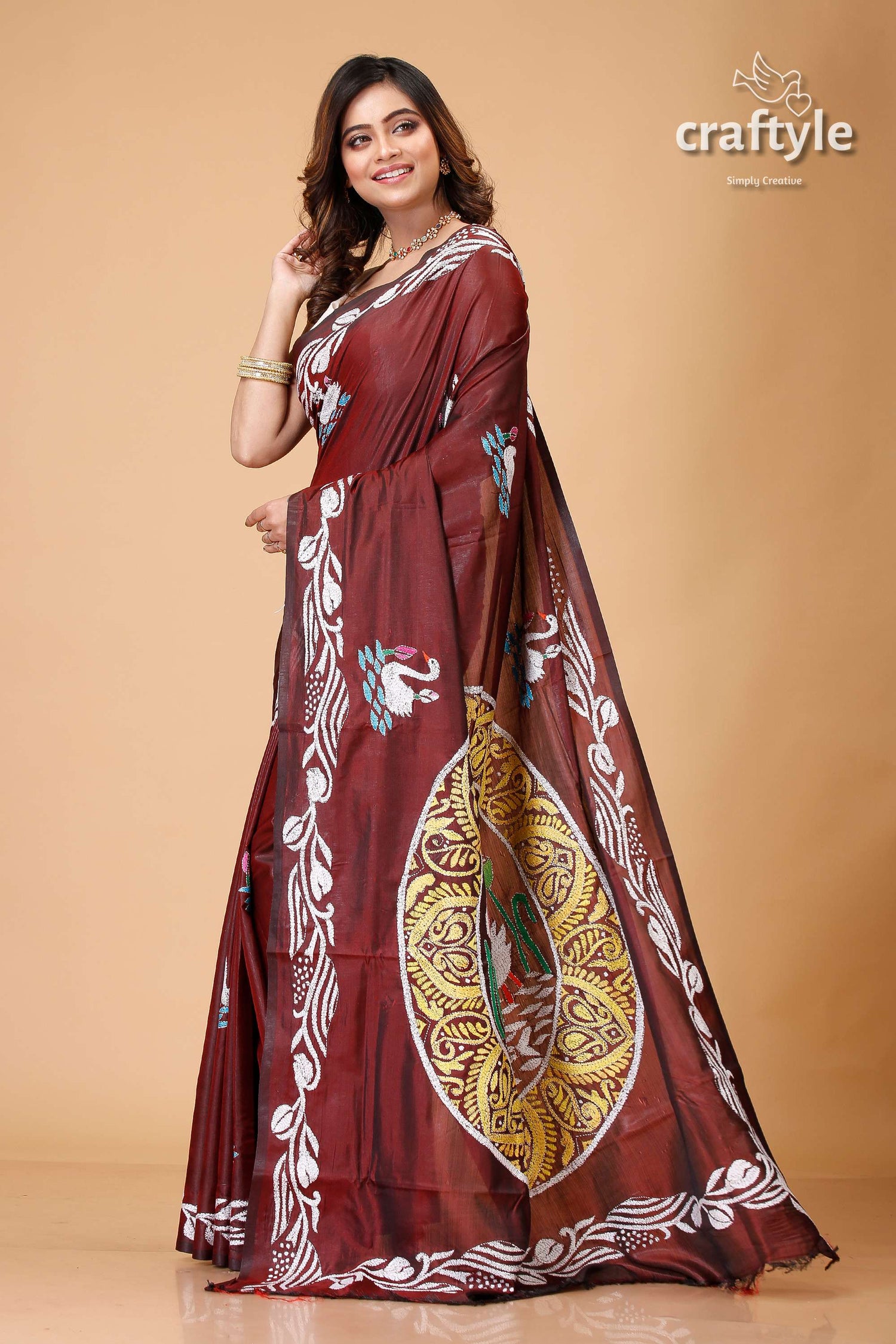 Livid Brown Swan Motif Silk Kantha Work Saree - Craftyle